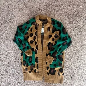 Who What Wear Leopard Print Cardigan with Green Accents